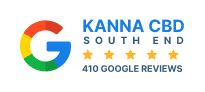 Google logo next to "KANNA CBD SOUTH END" with five gold stars and text stating "410 Google Reviews." Experience premium CBD trusted by hundreds of satisfied customers.
