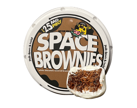 A round container labeled "Space Brownies" with a cartoon cow and "25mg premium CBD per piece"; a white chocolate-covered brownie is shown in front.