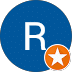 A blue circle with a white letter "R" in the center and an orange star in a white circle at the bottom right corner.