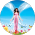 A woman in a pink dress with glowing blue fairy wings stands in a field of flowers under a blue sky, with butterflies and birds around her.