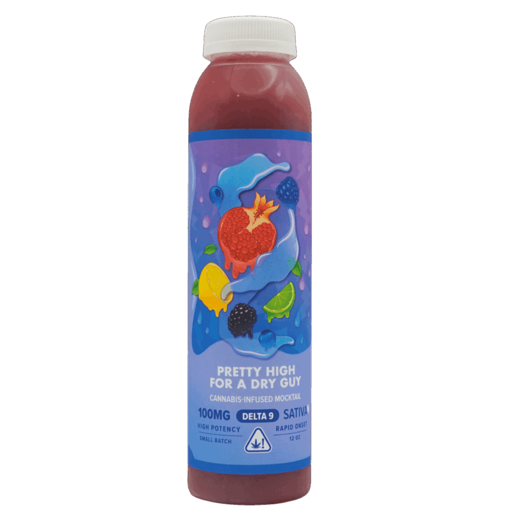 A bottle of cannabis-infused mocktail labeled "Pretty High For A Dry Guy," featuring fruit illustrations and details about potency, Delta 9, sativa, rapid onset, and premium CBD for an elevated experience.