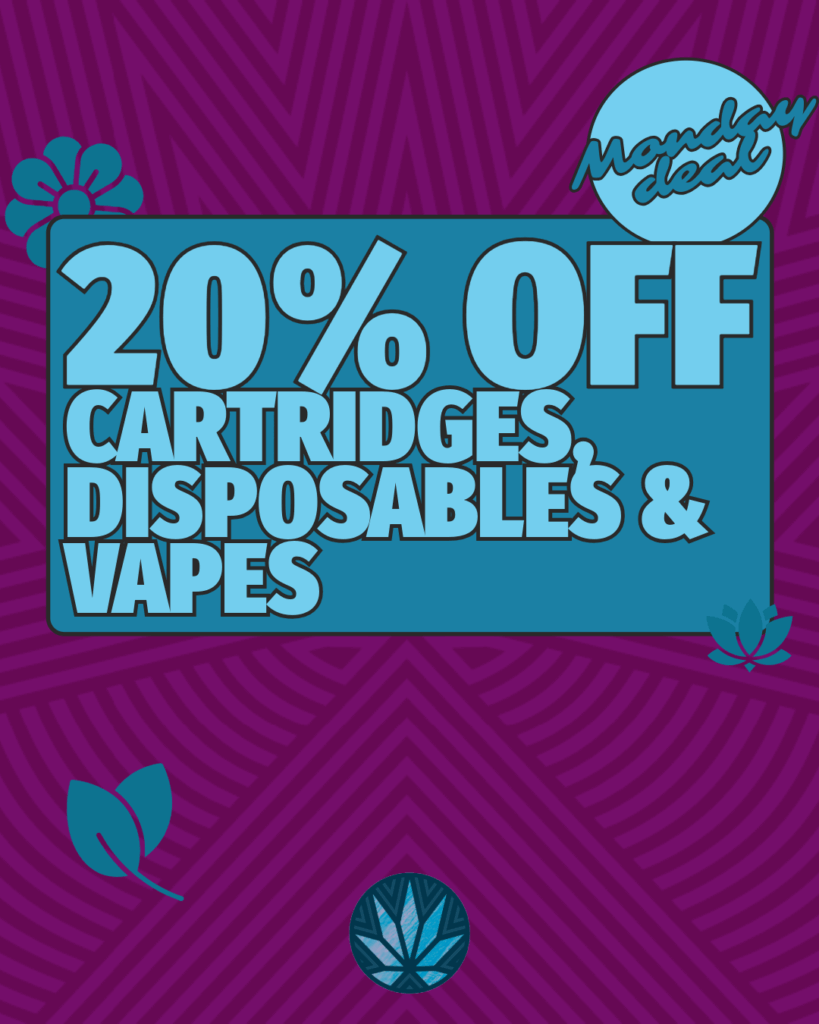 Blue graphic stating "Monday deal: 20% off cartridges, disposables & vapes" highlights cbd deals and discounts on a purple patterned background with small leaf and flower icons.