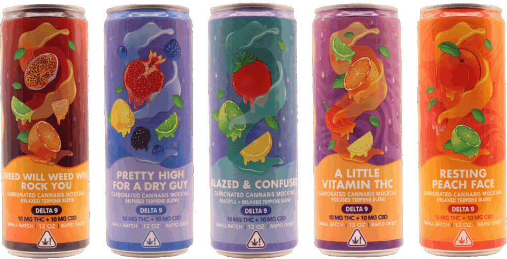 Five colorful cans of premium CBD-infused drinks, each featuring fruit illustrations and playful flavor names like "Weed Will Weed Will Rock You" and "Resting Peach Face.