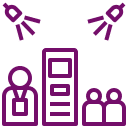 Purple line drawing of a person with a badge, a central building, two smaller people, and two overhead spotlights on a light background.