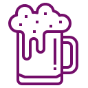Purple outline icon of a beer mug filled with frothy beer, shown on a light gray background.