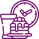 Purple line drawing of a stack of pancakes with syrup, a drink, and a clock in the background.