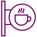 Purple line drawing of a steaming coffee cup on a circular sign, likely indicating a café or coffee shop.