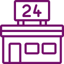 Purple line drawing of a storefront with a door, two windows, and a sign above displaying the number 24, indicating 24-hour service.