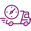 Purple outline of a delivery truck with motion lines and a large clock above it, symbolizing fast or on-time delivery.