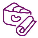 Purple line drawing of a box of tissues with a tissue being pulled out and a roll of paper beside it, on a light gray background.