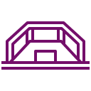 Simple purple line drawing of a stadium or arena with a rectangular entrance and geometric roof design, shown on a light background.