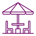 Purple line drawing of an outdoor table with two chairs and a large umbrella.